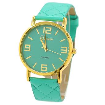 Bluelans Unisex Geneva Checkers Strap Quartz Watch Golden Case Casual Mint Green  