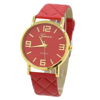 Bluelans Unisex Geneva Checkers Strap Quartz Watch Golden Case Casual Red  