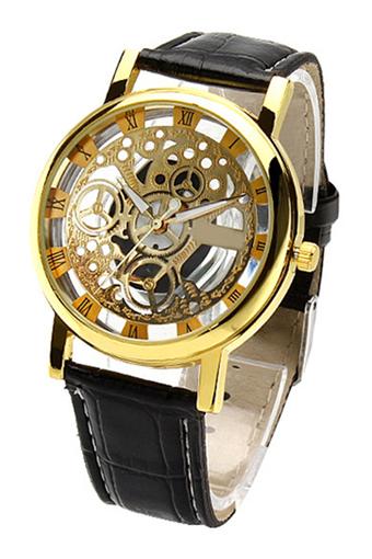 Bluelans Unisex Roman Numerals Black Strap Golden Dial Faux Leather Watch  