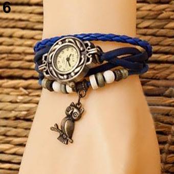 Bluelans Women Retro Braided Leather Owl Decor Quartz Wrist Watch Dark Blue (Intl)  