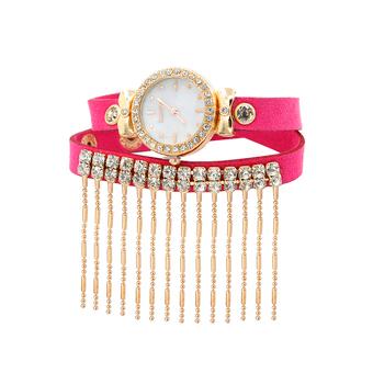 Bluelans Women Rhinestone Alloy Tassel Faux Leather Wrap Watch Rose-Red  