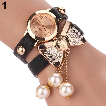 Bluelans Women Rhinestone Bowknot Pearl Bracelet Faux Leather Watch Black  