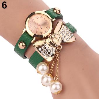 Bluelans Women Rhinestone Bowknot Pearl Bracelet Faux Leather Watch Green  