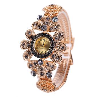 Bluelans Women Rhinestone Flower Deco Bangle Analog Quartz Bracelet Watch Black  