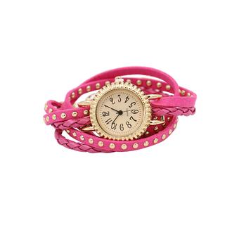 Bluelans Women Rivet Braided Faux Leather Wrap Watch Rose-Red  