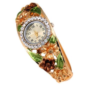 Bluelans Women's Big Flower Leaf Rhinestone Bracelet Dress Wrist Watch Champagne (Intl)  