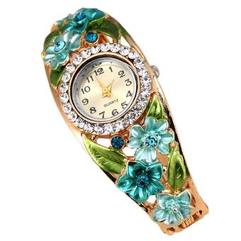 Bluelans Women's Big Flower Leaf Rhinestone Bracelet Dress Wrist Watch Blue (Intl)  