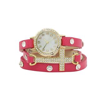 Bluelans Women's Cross Gold Plated Rhinestone Faux Leather Quartz Bracelet Watch Rose-Red  