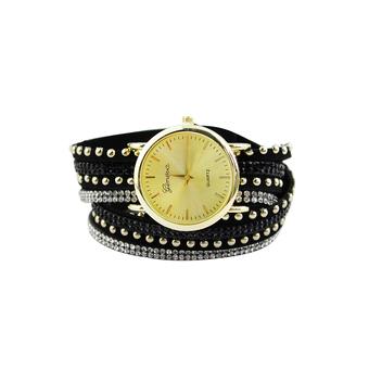 Bluelans Women's Faux Suede Rivets Rhinestone Analog Watch Black  