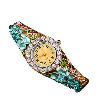 Bluelans Women's Flower Hollow Out Bangle Crystal Quartz Bracelet Watch Jewelry Blue  