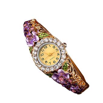 Bluelans Women's Flower Hollow Out Bangle Crystal Quartz Bracelet Watch Jewelry Purple  