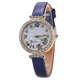 Bluelans Women's Flower Rhinestone Faux Leather Strap Quartz Wristwatch Blue (Intl)  