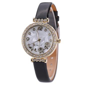 Bluelans Women's Flower Rhinestone Faux Leather Strap Quartz Wristwatch Black (Intl)  