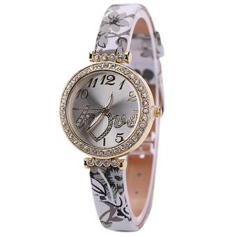 Bluelans Women's Love Heart Faux Leather Flower Strap Quartz Dress Wrist Watch Grey (Intl)  