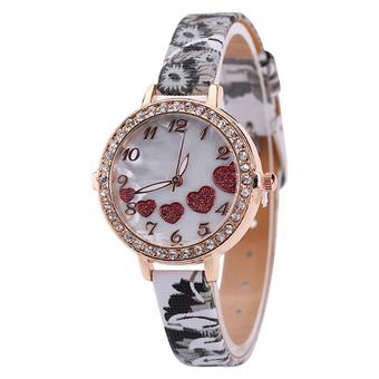 Bluelans Women's Love Heart Floral Faux Leather Quartz Analog Dress Wrist Watch Grey (Intl)  