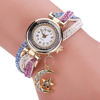 Bluelans Women's Moon Star Rhinestone Faux Leather Wrap Bracelet Watch White (Intl)  