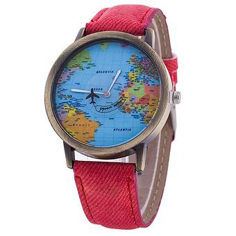 Bluelans Women's World Map Denim Fabric Strap Analog Quartz Wrist Watch Red (Intl)  