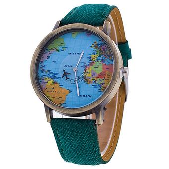 Bluelans Women's World Map Denim Fabric Strap Analog Quartz Wrist Watch Green (Intl)  