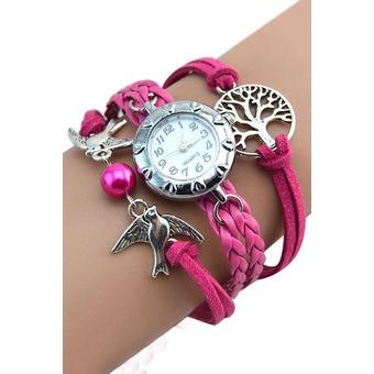 Bluelans Womens Life Tree Birds Faux Leather Bracelet Wrist Watch Rose-Red  