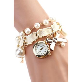 Bluelans Womens Pearl Bowknot Decor Faux Leather Analog Quartz Watch White  