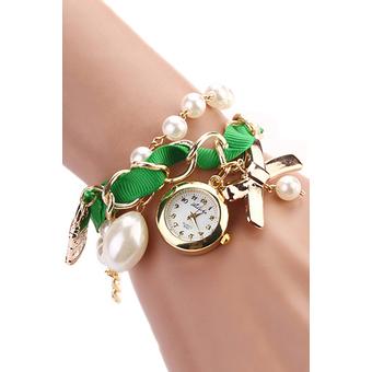 Bluelans Womens Pearl Bowknot Decor Faux Leather Analog Quartz Watch Green  