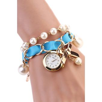 Bluelans Womens Pearl Bowknot Decor Faux Leather Analog Quartz Watch Sky Blue  