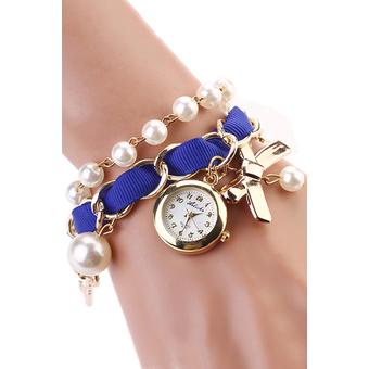 Bluelans Womens Pearl Bowknot Decor Faux Leather Analog Quartz Watch Blue  