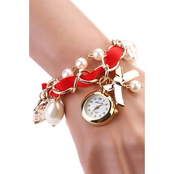 Bluelans Womens Pearl Bowknot Decor Faux Leather Analog Quartz Watch (Red)  