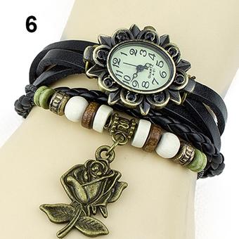 Bluelans Womens Retro Leather Bracelet Rose Flower Quartz Watch Black  