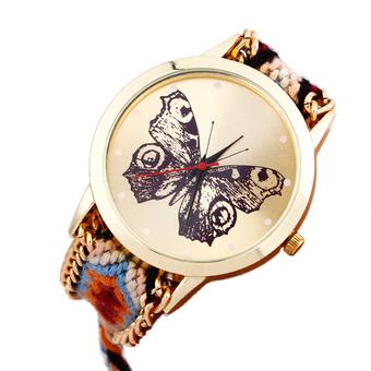 Butterfly Pattern Weaved Rope Band Bracelet Quartz Dial Watch (Black/Brown)  