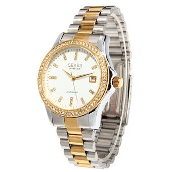 CJIABA Men's Luxury Rhinestone Scale Calendar Display Waterproof Automatic Mechanical Watch - White+Gold+Silver  