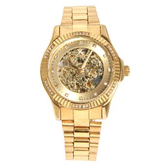 CJIABA Men's Luxury Rhinestone Scale Skeleton Dial Waterproof Automatic Mechanical Watch - Gold  