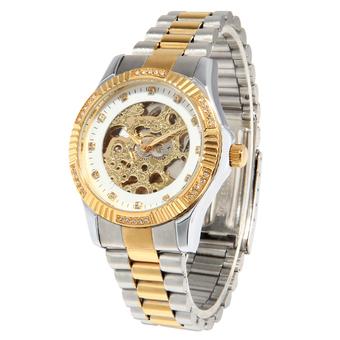 CJIABA Men's Luxury Rhinestone Scale Skeleton Dial Waterproof Automatic Mechanical Watch - White+Gold+Silver  