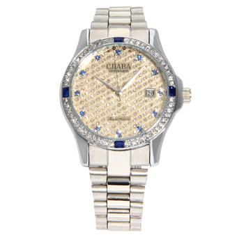 CJIABA Men's Luxury Rhinestone Scale Waterproof Auto Mechanical Watch w/ Calendar - Silver+Gold  