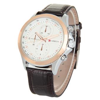 CURREN Men's Fashion Casual 3 Decorative Sub-dials Leather Strap Waterproof Quartz Analog Watch - Rose Gold + White + Brown  