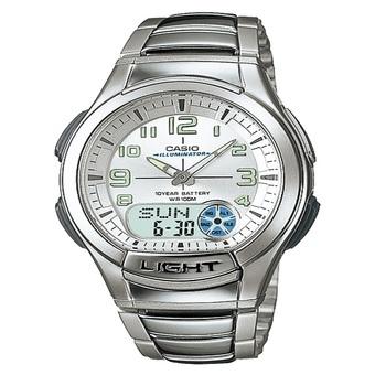 Casio Analog Digital Jam Tangan Pria - Silver Putih - Strap Rantai - AQ-180WD-7B  