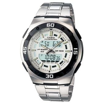 Casio Analog Digital Jam Tangan Pria - Silver - Strap Rantai - AQ-164WD-7A  