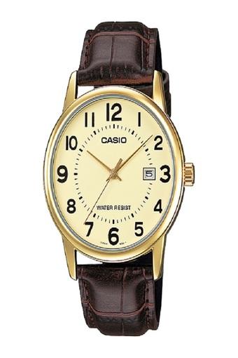 Casio Analog Jam Tangan Pria - Cokelat-Emas - Strap Kulit - MTP-V002GL-9B  