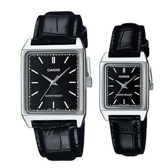 Casio Couple Watch Jam Tangan Couple - Black Silver - Strap Genuine leather - V007L-1EUDF  