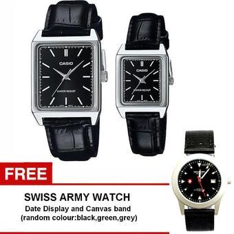 Casio Couple Watch Jam Tangan Couple - Black Silver - Strap Genuine leather - V007L-1EUDF + Gratis Swiss army watch - Warna Random  