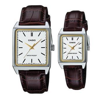 Casio Couple Watch Jam Tangan Couple - Brown Silver - Strap Genuine leather - V007L-7E2UDF  