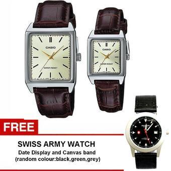 Casio Couple Watch Jam Tangan Couple - Brown Silver - Strap Genuine leather - V007L-9EUDF + Gratis Swiss army watch - Warna Random  