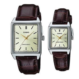 Casio Couple Watch Jam Tangan Couple - Brown Silver - Strap Genuine leather - V007L-9EUDF  