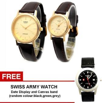 Casio Couple Watch Jam Tangan Couple - Darkbrown Gold - Strap Leather - Casual Watch - 1095Q-9A + Gratis Swiss army watch - Warna Random  