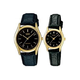 Casio Couple Watch Jam Tangan Couple - Hitam Gold - Strap Leather - Casual Watch - 1094Q-1A  