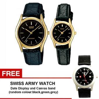 Casio Couple Watch Jam Tangan Couple - Hitam Gold - Strap Leather - Casual Watch - 1094Q-1A + Gratis Swiss army watch - Warna Random  