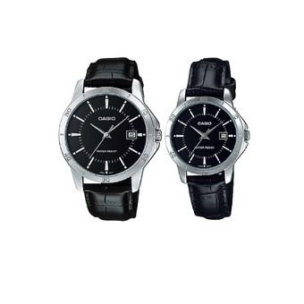 Casio Couple Watch Jam Tangan Couple - Hitam Silver - Strap Genuine Leather - V004L-1AUDF  