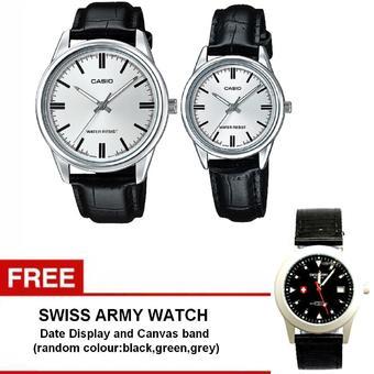 Casio Couple Watch Jam Tangan Couple - Hitam Silver - Strap Genuine Leather - V005L-7AUDF + Gratis Swiss army watch - Warna Random  