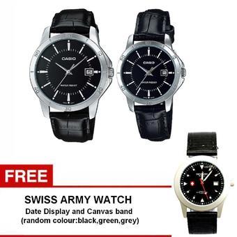 Casio Couple Watch Jam Tangan Couple - Hitam Silver - Strap Genuine Leather - V004L-1AUDF + Gratis Swiss army watch - Warna Random  