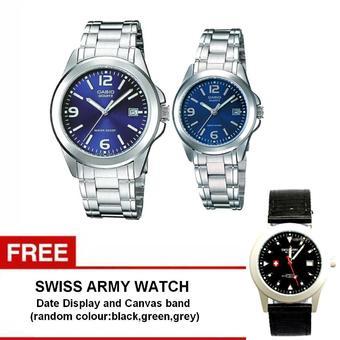 Casio Couple Watch Jam Tangan Couple - Silver - Strap Stainless Steel - 1215A-2A + Gratis Swiss army watch - Warna Random  